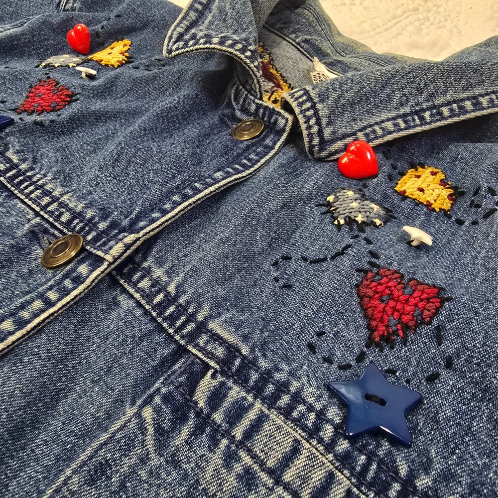 Talbots Embroidered Denim Jacket L Hearts Stars Valentines Buttons Hong Kong 90s